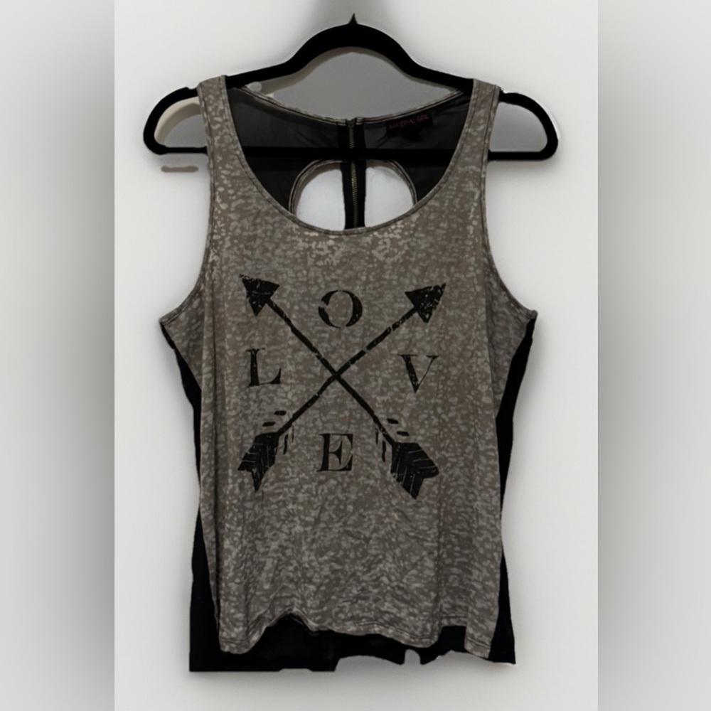 Love Cross Arrows Sleeveless Tank Top Shirt Cut Outs Zip sheer Back Size Large